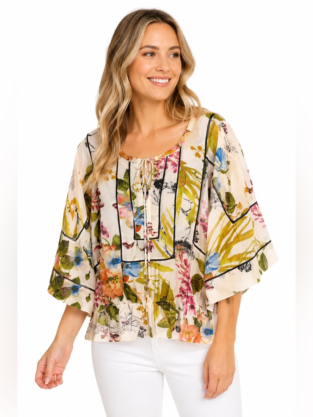 Daniel Rainn ($98) Lattice Trim Smocked Waist Floral Blouse - PTP 23